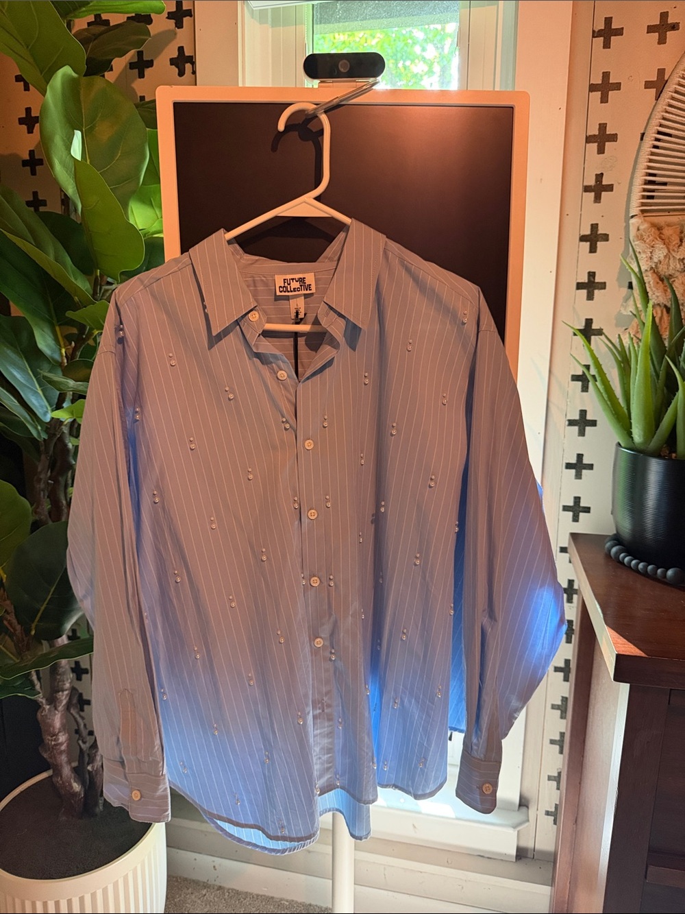 Light Blue Pinstripe Embellished Button-Down Shirt by B Collection